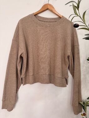 Alo Yoga Muse Crew Neck Pullover Gravel Heather Ribbed Cropped Sweatshirt
